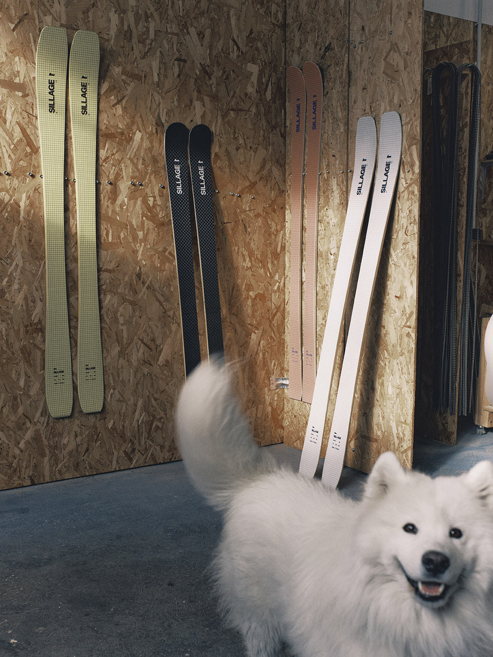 Skis Sillage appuyés contre le mur de l'atelier